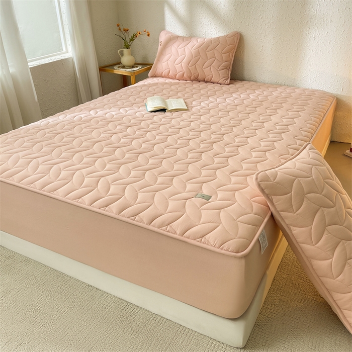 91家纺网 家纺一手货源 找家纺 3C 2025新款全棉水洗棉夹棉床笠-叶弦 叶弦-浅粉