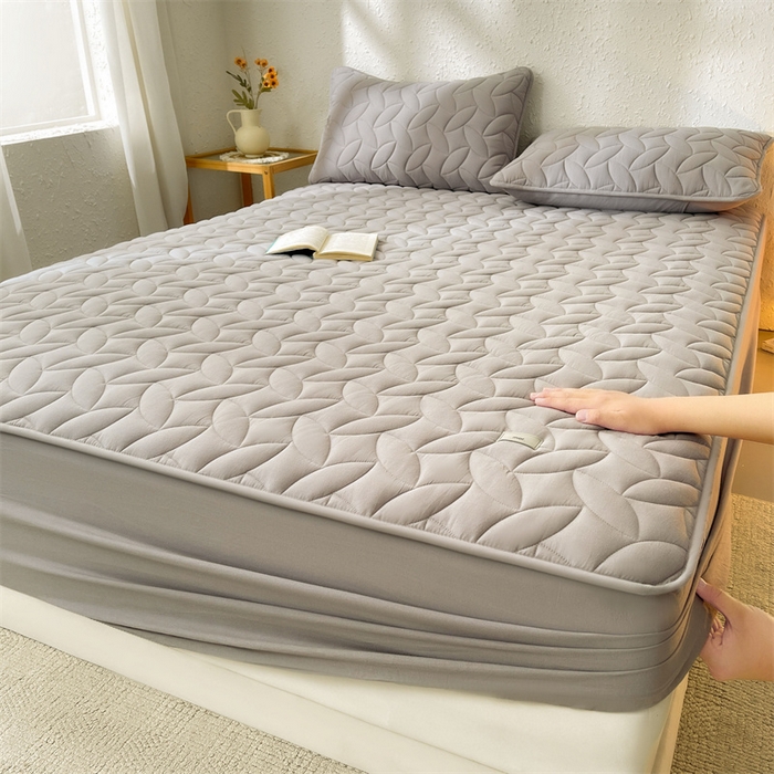 3C 2025新款全棉水洗棉夹棉床笠-叶弦 叶弦-浅灰