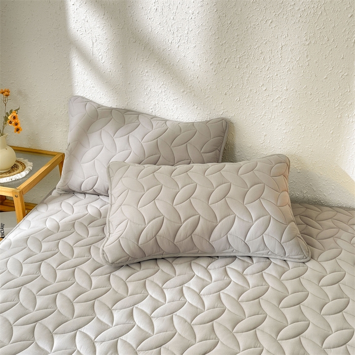 91家纺网 家纺一手货源 找家纺 3C 2025新款全棉水洗棉夹棉床笠-叶弦 叶弦-浅灰