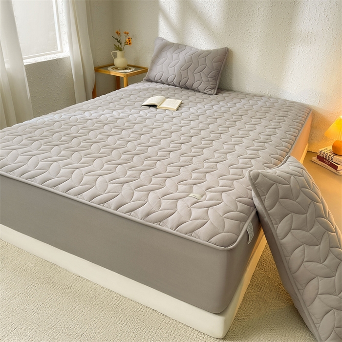 91家纺网 家纺一手货源 找家纺 3C 2025新款全棉水洗棉夹棉床笠-叶弦 叶弦-浅灰