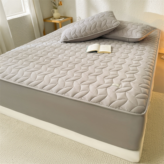 91家纺网 家纺一手货源 找家纺 3C 2025新款全棉水洗棉夹棉床笠-叶弦 叶弦-浅灰