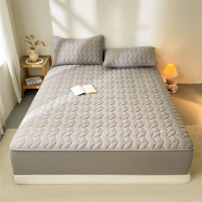 91家纺网 家纺一手货源 找家纺 3C 2025新款全棉水洗棉夹棉床笠-叶弦 叶弦-浅灰