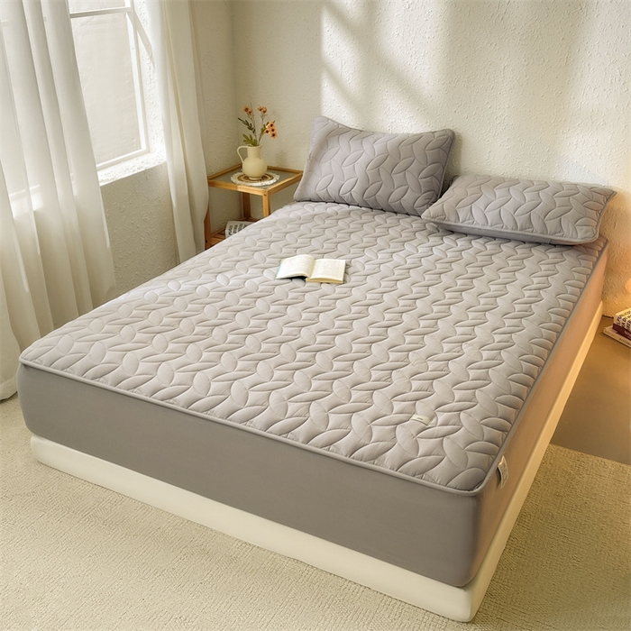 91家纺网 家纺一手货源 找家纺 3C 2025新款全棉水洗棉夹棉床笠-叶弦 叶弦-浅灰