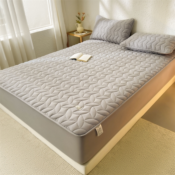 91家纺网 家纺一手货源 找家纺 3C 2025新款全棉水洗棉夹棉床笠-叶弦 叶弦-浅灰