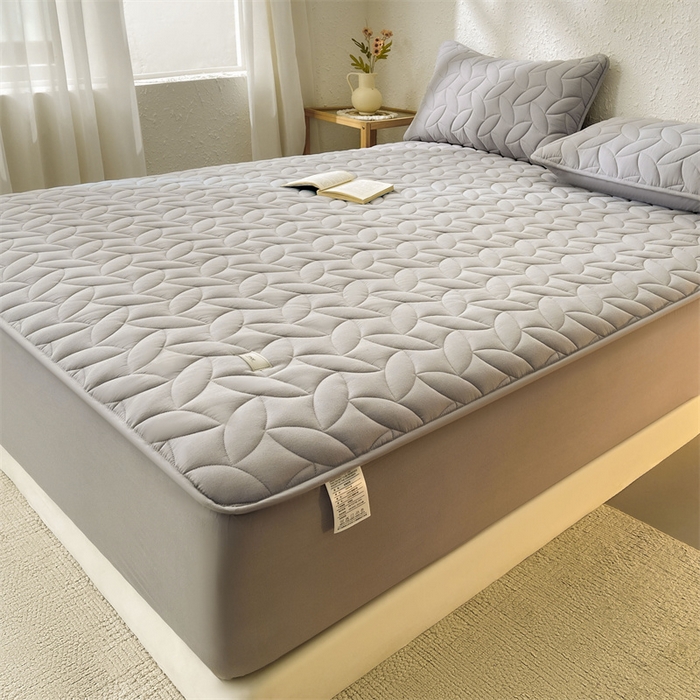 91家纺网 家纺一手货源 找家纺 3C 2025新款全棉水洗棉夹棉床笠-叶弦 叶弦-浅灰