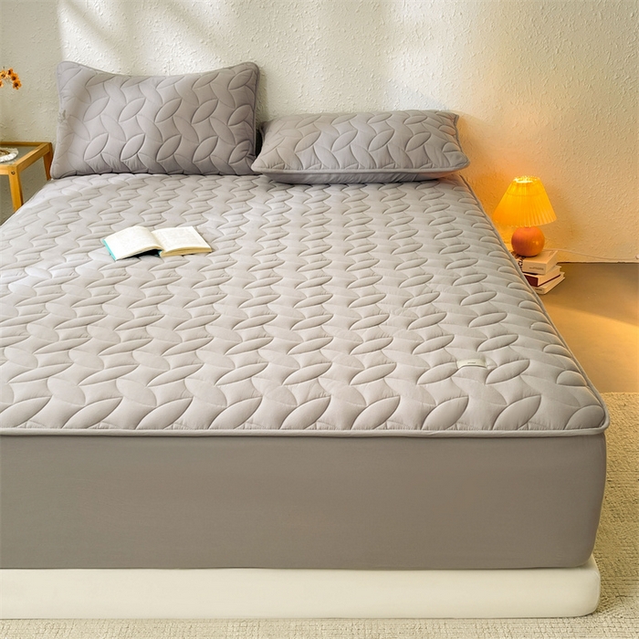 91家纺网 家纺一手货源 找家纺 3C 2025新款全棉水洗棉夹棉床笠-叶弦 叶弦-浅灰