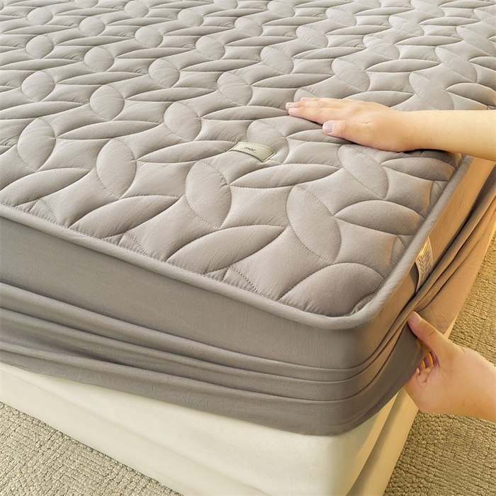 91家纺网 家纺一手货源 找家纺 3C 2025新款全棉水洗棉夹棉床笠-叶弦 叶弦-浅灰