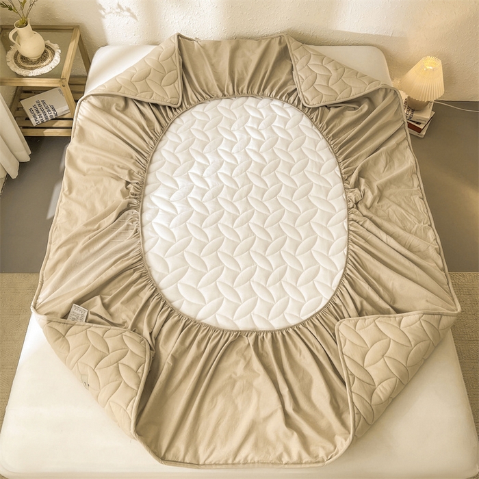 91家纺网 家纺一手货源 找家纺 3C 2025新款全棉水洗棉夹棉床笠-叶弦 叶弦-浅咖