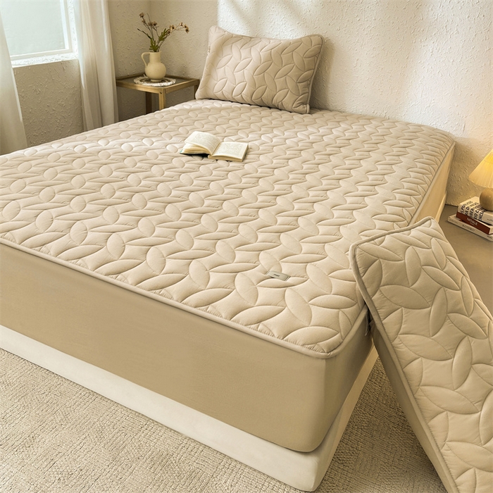 91家纺网 家纺一手货源 找家纺 3C 2025新款全棉水洗棉夹棉床笠-叶弦 叶弦-浅咖