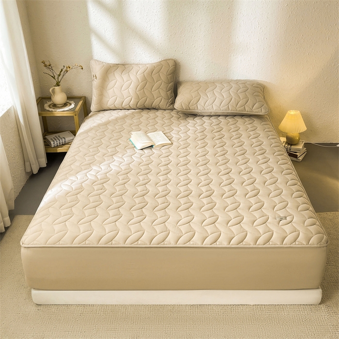 91家纺网 家纺一手货源 找家纺 3C 2025新款全棉水洗棉夹棉床笠-叶弦 叶弦-浅咖