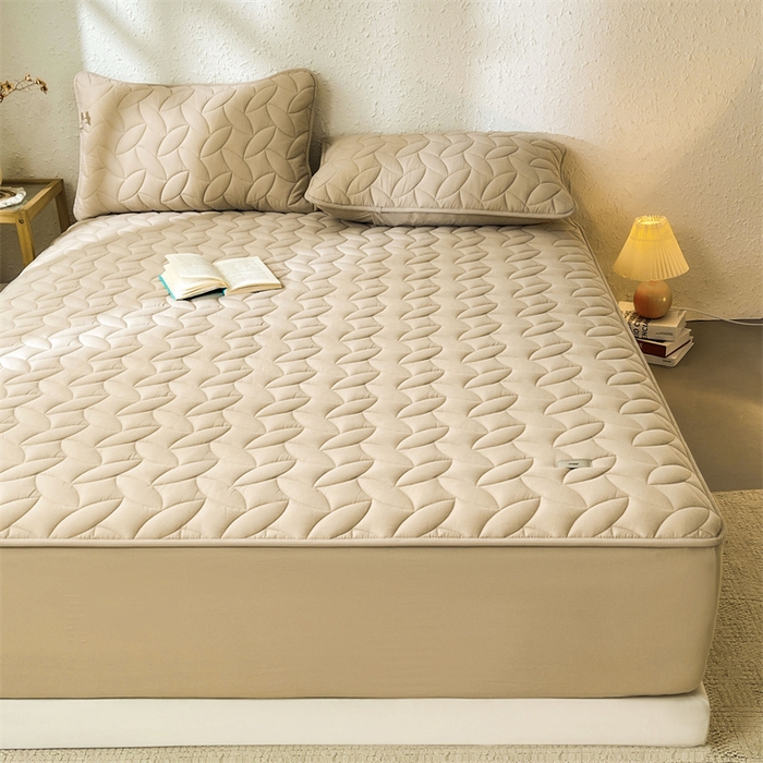 91家纺网 家纺一手货源 找家纺 3C 2025新款全棉水洗棉夹棉床笠-叶弦 叶弦-浅咖