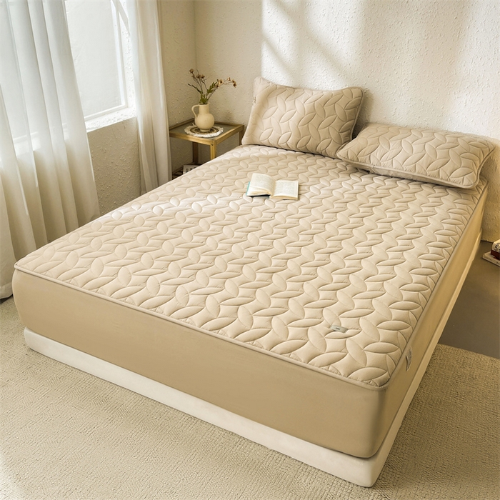 91家纺网 家纺一手货源 找家纺 3C 2025新款全棉水洗棉夹棉床笠-叶弦 叶弦-浅咖