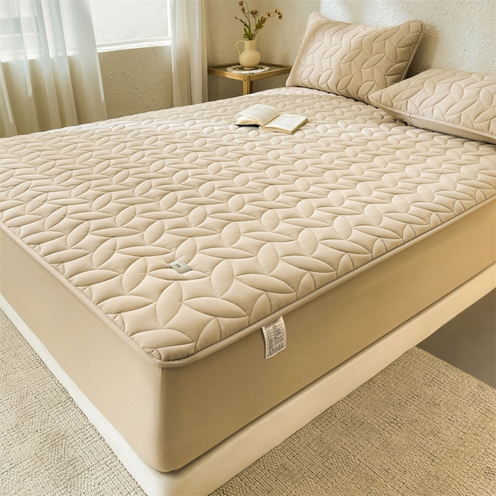 91家纺网 家纺一手货源 找家纺 3C 2025新款全棉水洗棉夹棉床笠-叶弦 叶弦-浅咖