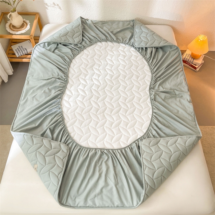 91家纺网 家纺一手货源 找家纺 3C 2025新款全棉水洗棉夹棉床笠-叶弦 叶弦-浅兰