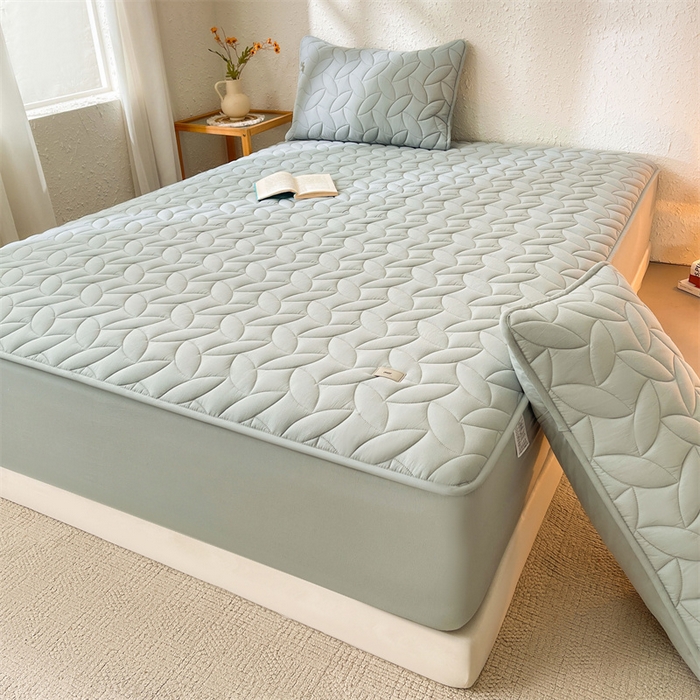 91家纺网 家纺一手货源 找家纺 3C 2025新款全棉水洗棉夹棉床笠-叶弦 叶弦-浅兰