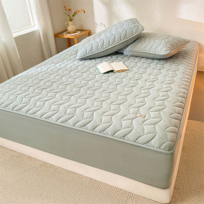 91家纺网 家纺一手货源 找家纺 3C 2025新款全棉水洗棉夹棉床笠-叶弦 叶弦-浅兰