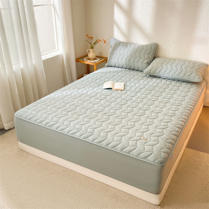 91家纺网 家纺一手货源 找家纺 3C 2025新款全棉水洗棉夹棉床笠-叶弦 叶弦-浅兰