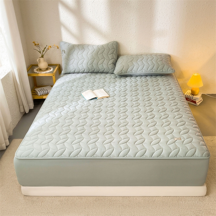 91家纺网 家纺一手货源 找家纺 3C 2025新款全棉水洗棉夹棉床笠-叶弦 叶弦-浅兰