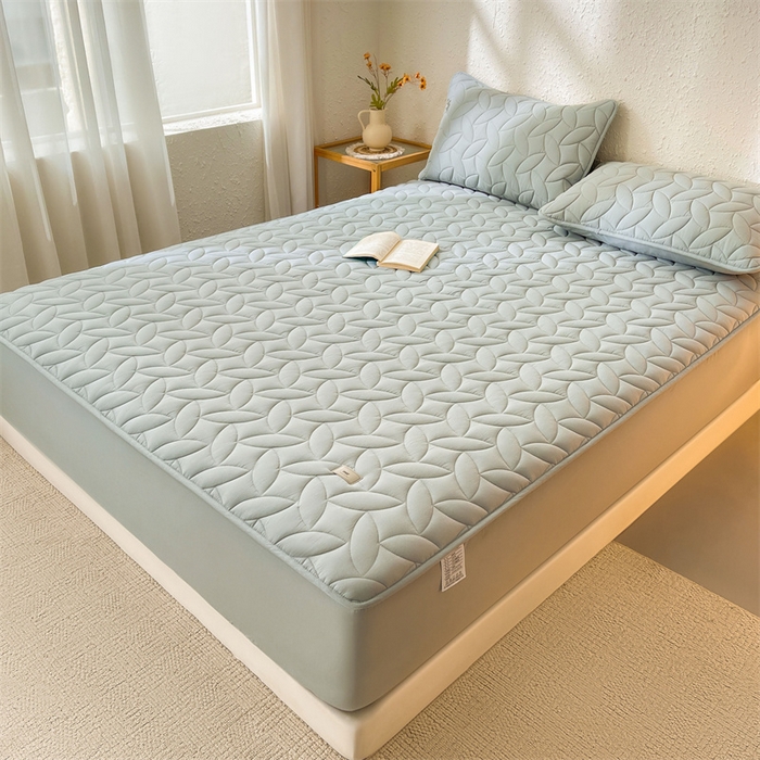 91家纺网 家纺一手货源 找家纺 3C 2025新款全棉水洗棉夹棉床笠-叶弦 叶弦-浅兰