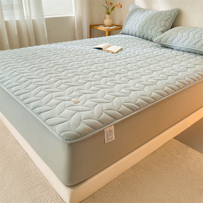 91家纺网 家纺一手货源 找家纺 3C 2025新款全棉水洗棉夹棉床笠-叶弦 叶弦-浅兰