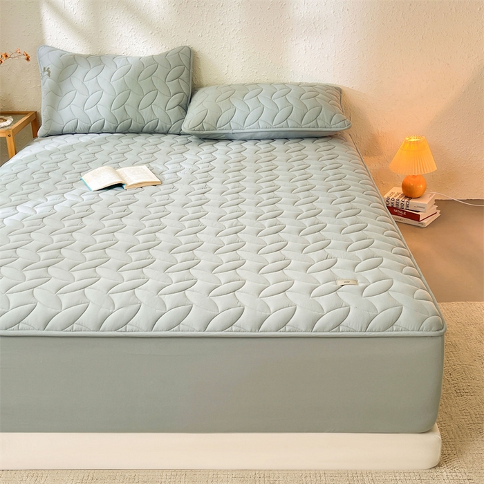 91家纺网 家纺一手货源 找家纺 3C 2025新款全棉水洗棉夹棉床笠-叶弦 叶弦-浅兰