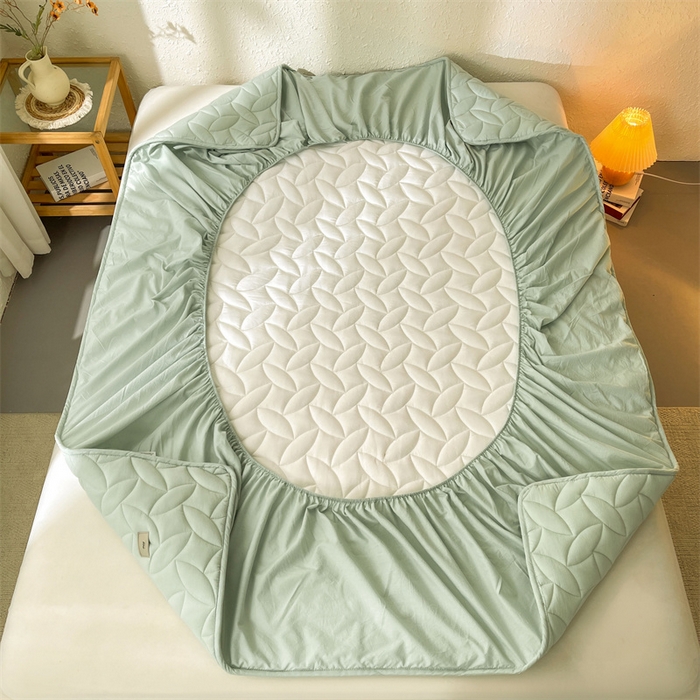 91家纺网 家纺一手货源 找家纺 3C 2025新款全棉水洗棉夹棉床笠-叶弦 叶弦-浅绿