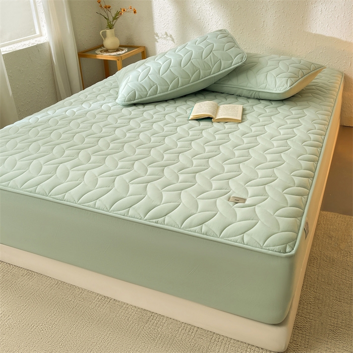 91家纺网 家纺一手货源 找家纺 3C 2025新款全棉水洗棉夹棉床笠-叶弦 叶弦-浅绿