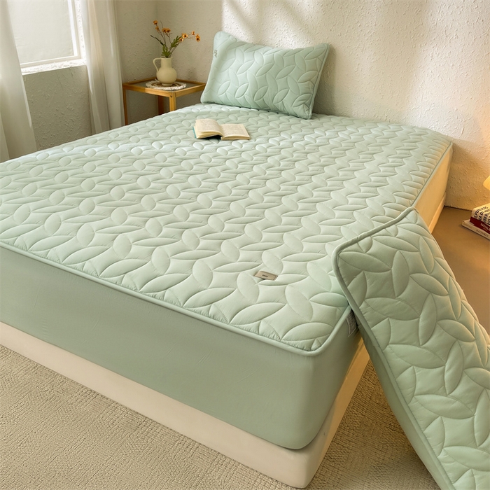 91家纺网 家纺一手货源 找家纺 3C 2025新款全棉水洗棉夹棉床笠-叶弦 叶弦-浅绿