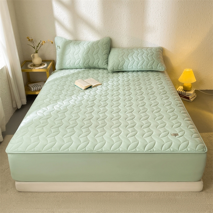 91家纺网 家纺一手货源 找家纺 3C 2025新款全棉水洗棉夹棉床笠-叶弦 叶弦-浅绿