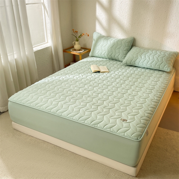 91家纺网 家纺一手货源 找家纺 3C 2025新款全棉水洗棉夹棉床笠-叶弦 叶弦-浅绿