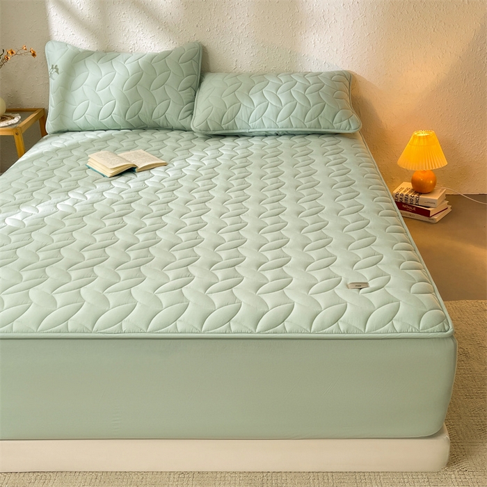 91家纺网 家纺一手货源 找家纺 3C 2025新款全棉水洗棉夹棉床笠-叶弦 叶弦-浅绿