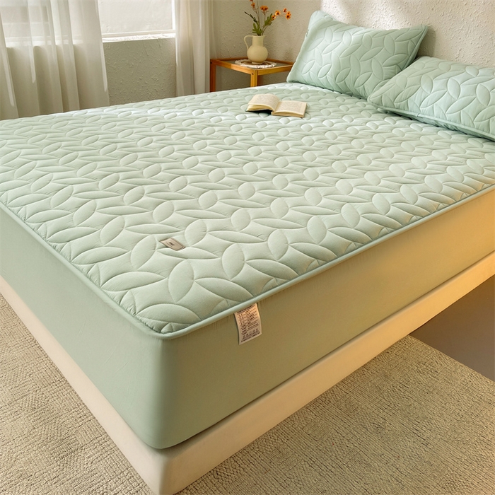 91家纺网 家纺一手货源 找家纺 3C 2025新款全棉水洗棉夹棉床笠-叶弦 叶弦-浅绿