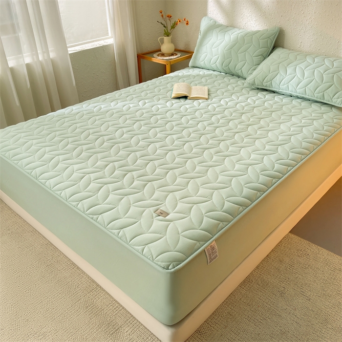 91家纺网 家纺一手货源 找家纺 3C 2025新款全棉水洗棉夹棉床笠-叶弦 叶弦-浅绿