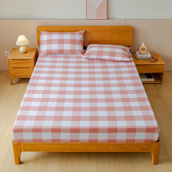 91家纺网 家纺一手货源 找家纺 居美良品 2025新款100%全棉纯棉色织老粗布凉席席子床笠单件单床笠 素雅-粉格