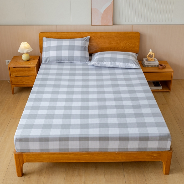 91家纺网 家纺一手货源 找家纺 居美良品 2025新款100%全棉纯棉色织老粗布凉席席子床笠单件单床笠 素雅-灰格