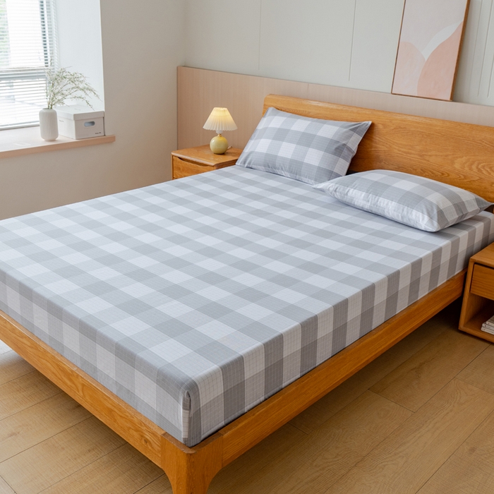 91家纺网 家纺一手货源 找家纺 居美良品 2025新款100%全棉纯棉色织老粗布凉席席子床笠单件单床笠 素雅-灰格