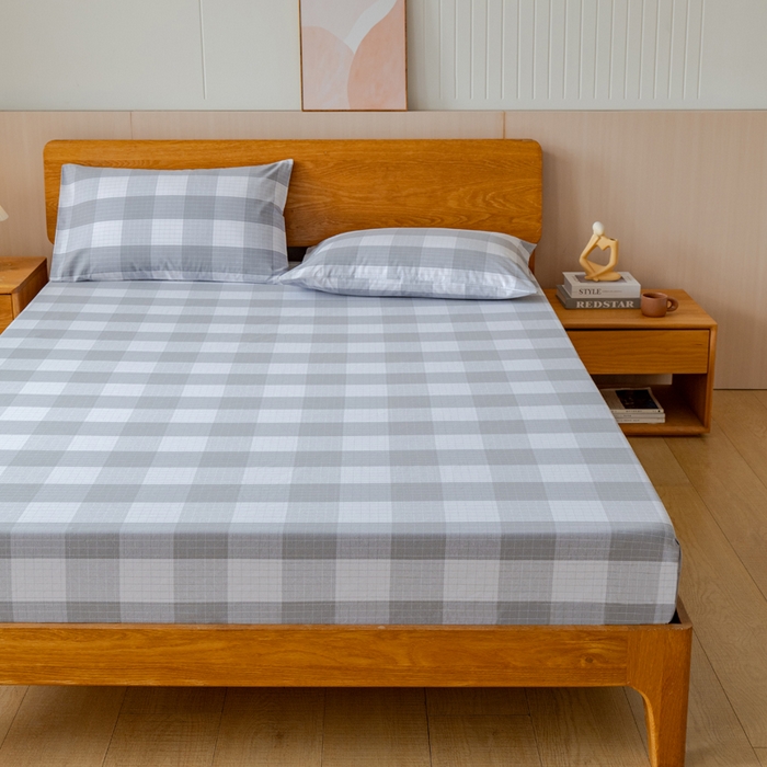 91家纺网 家纺一手货源 找家纺 居美良品 2025新款100%全棉纯棉色织老粗布凉席席子床笠单件单床笠 素雅-灰格