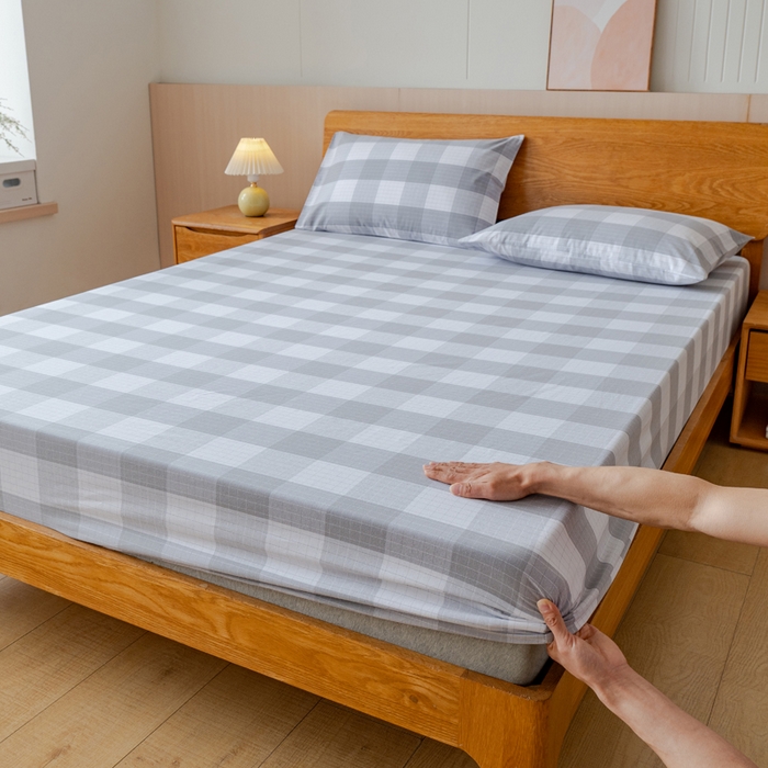 91家纺网 家纺一手货源 找家纺 居美良品 2025新款100%全棉纯棉色织老粗布凉席席子床笠单件单床笠 素雅-灰格