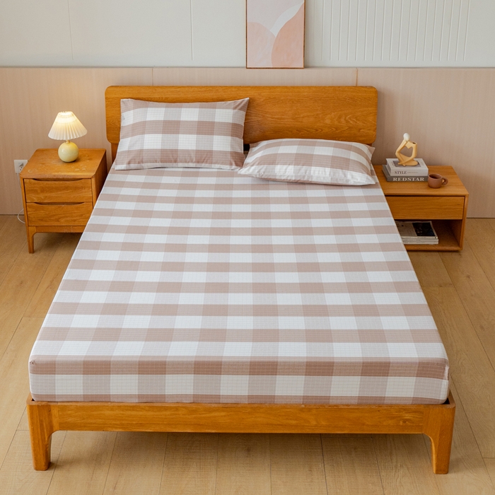 91家纺网 家纺一手货源 找家纺 居美良品 2025新款100%全棉纯棉色织老粗布凉席席子床笠单件单床笠 素雅-咖格