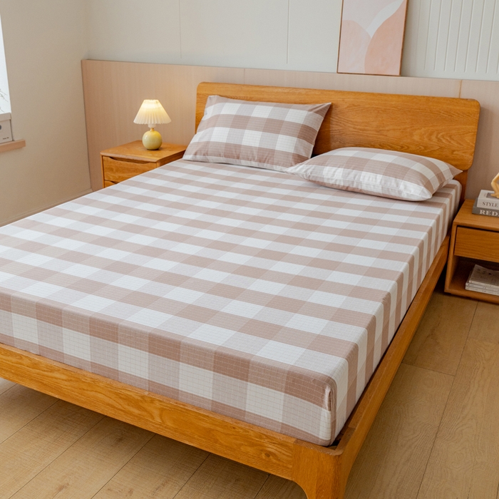 91家纺网 家纺一手货源 找家纺 居美良品 2025新款100%全棉纯棉色织老粗布凉席席子床笠单件单床笠 素雅-咖格