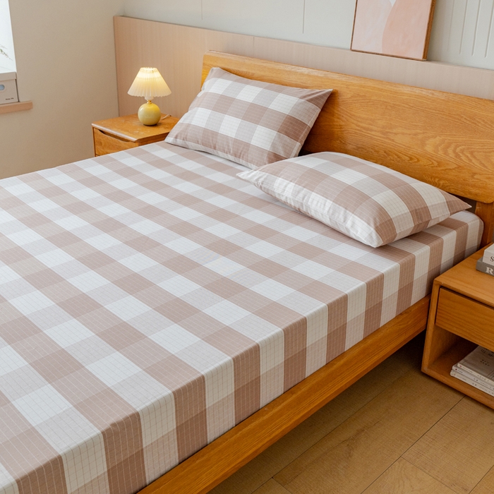 91家纺网 家纺一手货源 找家纺 居美良品 2025新款100%全棉纯棉色织老粗布凉席席子床笠单件单床笠 素雅-咖格