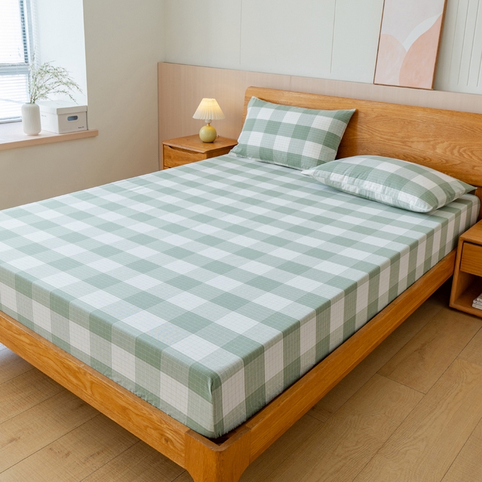 91家纺网 家纺一手货源 找家纺 居美良品 2025新款100%全棉纯棉色织老粗布凉席席子床笠单件单床笠 素雅-绿格