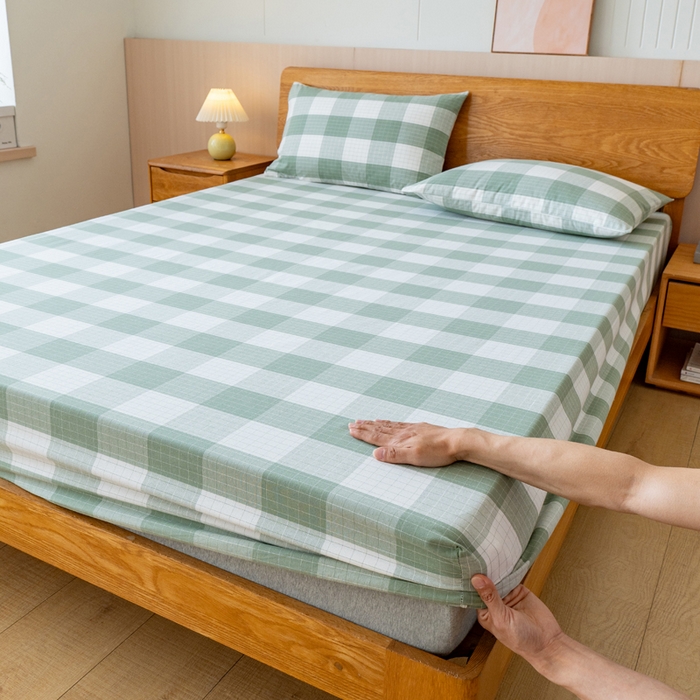 91家纺网 家纺一手货源 找家纺 居美良品 2025新款100%全棉纯棉色织老粗布凉席席子床笠单件单床笠 素雅-绿格