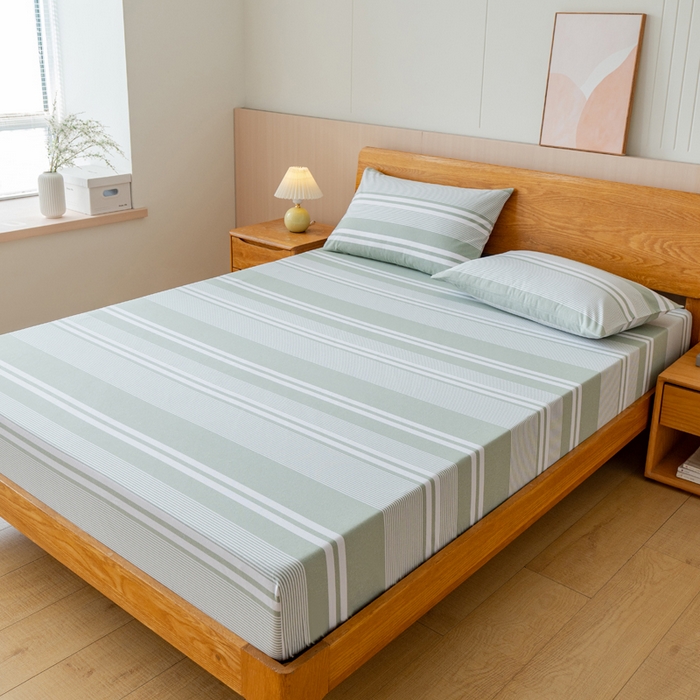 91家纺网 家纺一手货源 找家纺 居美良品 2025新款100%全棉纯棉色织老粗布凉席席子床笠单件单床笠 云锦-淡绿