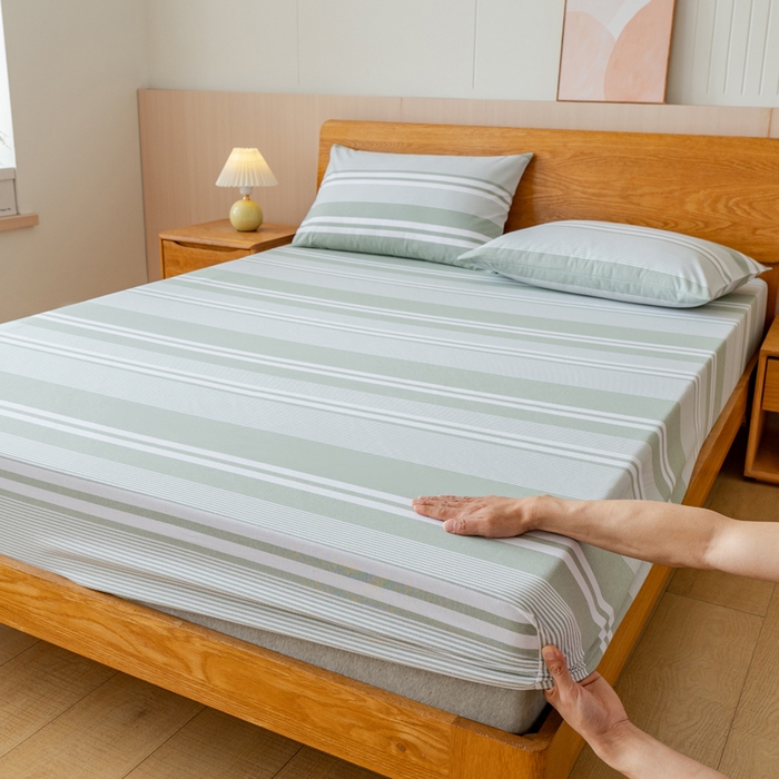 91家纺网 家纺一手货源 找家纺 居美良品 2025新款100%全棉纯棉色织老粗布凉席席子床笠单件单床笠 云锦-淡绿