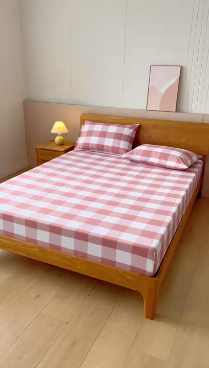 91家纺网 家纺一手货源 找家纺 居美良品 2025新款100%全棉纯棉色织老粗布凉席席子床笠单件单床笠 素雅-粉格