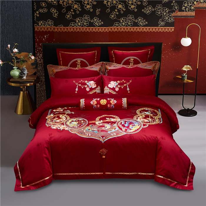 91家纺网 家纺一手货源 找家纺 （总）洽想家 2025新款120支双面新疆长绒棉刺绣工艺款婚庆四件套多件套