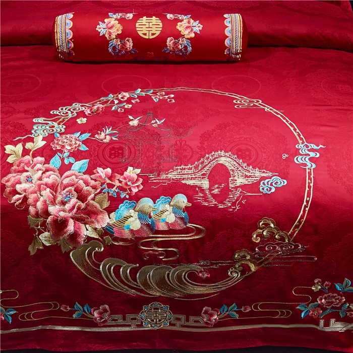 91家纺网 家纺一手货源 找家纺 洽想家 2025新款120支双面新疆长绒棉刺绣工艺款婚庆四件套多件套 花好月圆