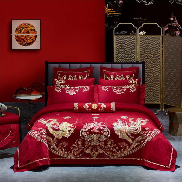 洽想家 2025新款120支双面新疆长绒棉刺绣工艺款婚庆四件套多件套 龙凤美满