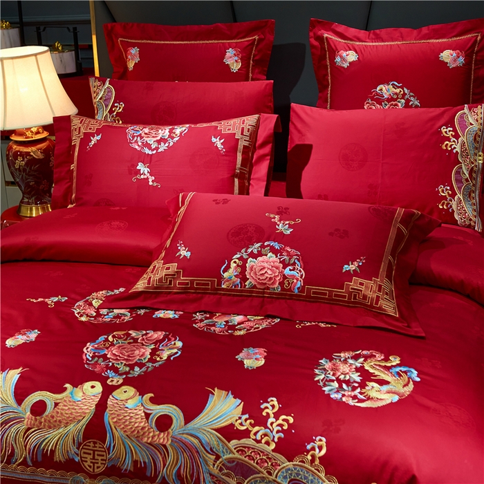 91家纺网 家纺一手货源 找家纺 洽想家 2025新款120支双面新疆长绒棉刺绣工艺款婚庆四件套多件套 年年有鱼